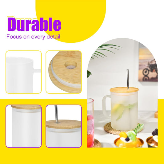 Frosted glass mug with stainless steel straws and bamboo lids.