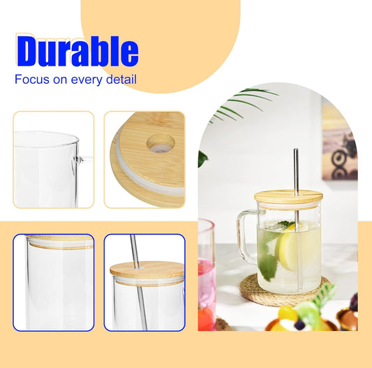 Clear glass mug with stainless steel straws and bamboo lids.