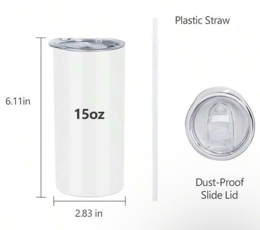 20 oz Skinny Stainless Steel Tumbler – Double-Wall, Glossy Finish, with Plastic Straw