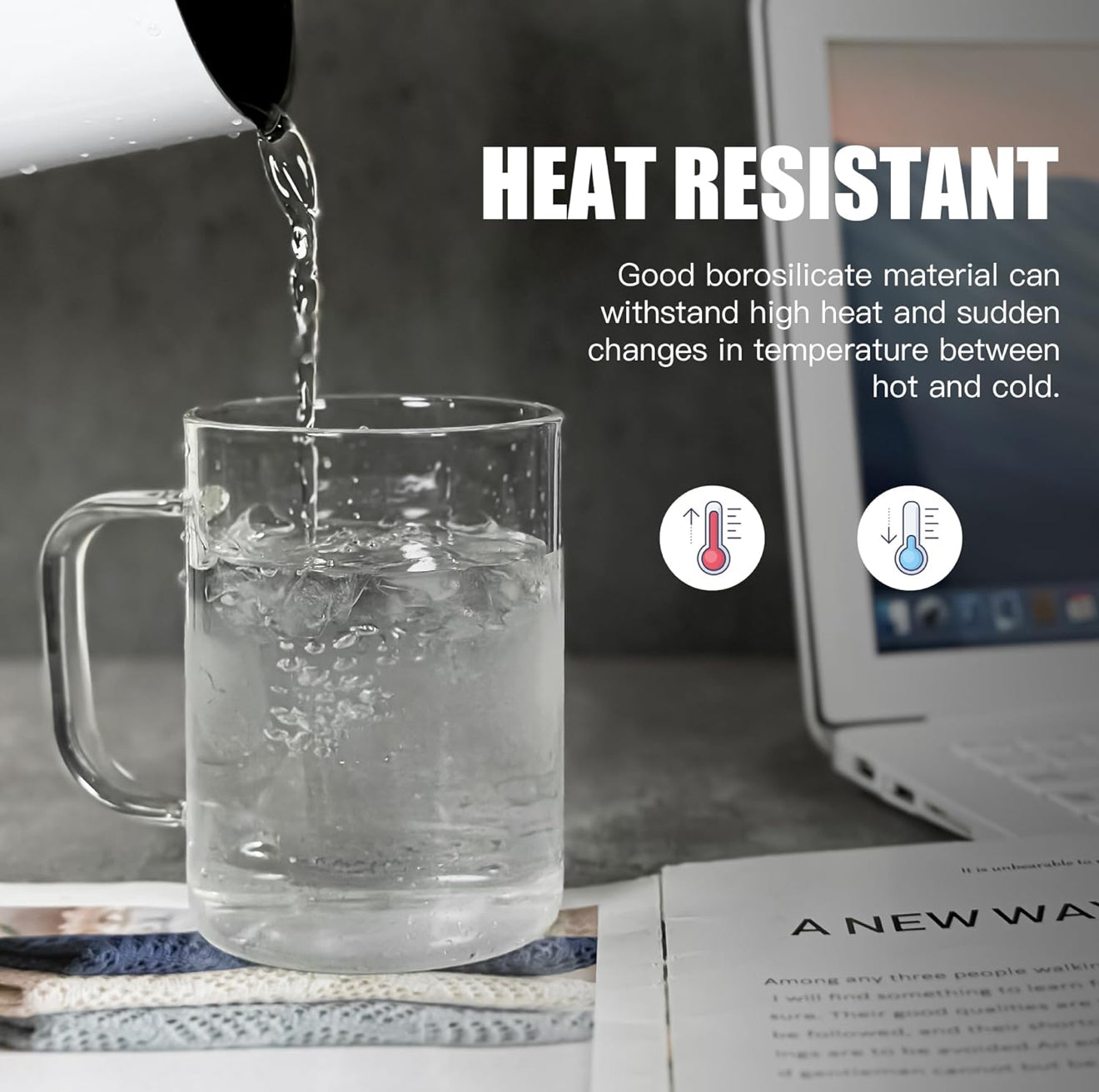 Clear glass mug with stainless steel straws and bamboo lids.