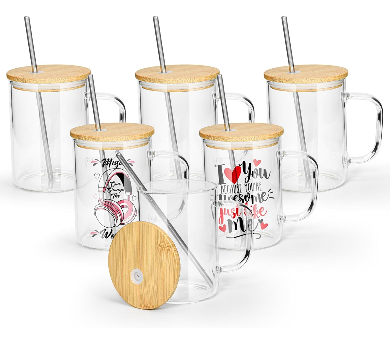 Clear glass mug with stainless steel straws and bamboo lids.